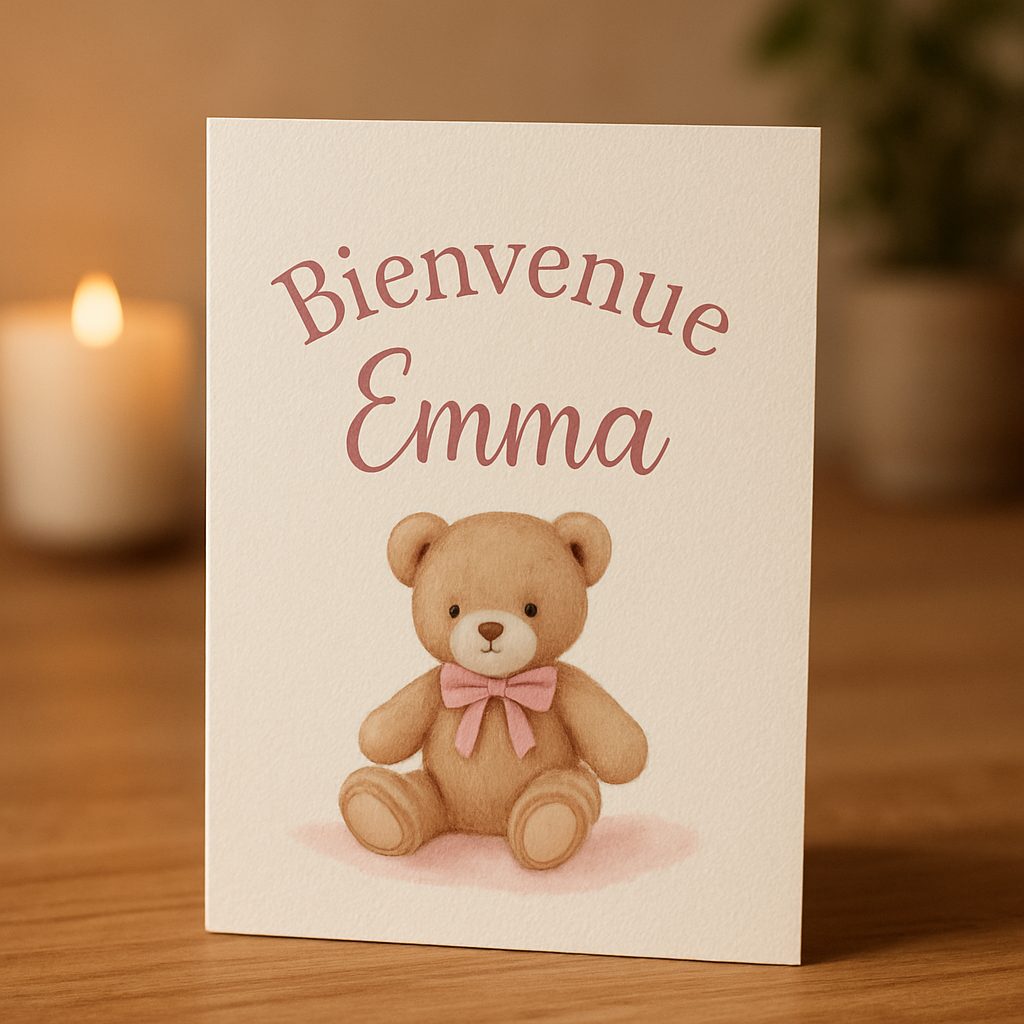 découvrez une carte de bienvenue personnalisée avec le prénom de bébé et un adorable ourson : une idée originale et touchante pour célébrer l’arrivée d’un nouveau-né. offrez un souvenir unique aux jeunes parents !